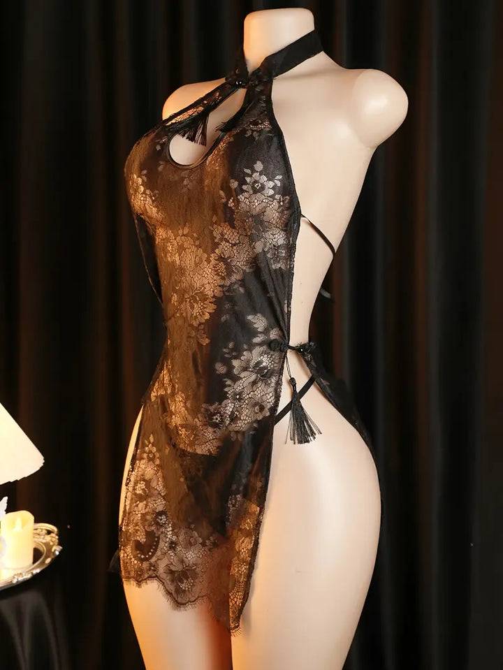 Erotic Lingerie New Sexy Perspective Pure Desire Classical Lace Cheongsam One-Piece Suit Uniform Temptation Dating Battle Robe Dress Bed Stripless Passion Pajamas Indigenous Uniform Suit Bold Erotic Costume Exposure Exotic Seductive Lingerie