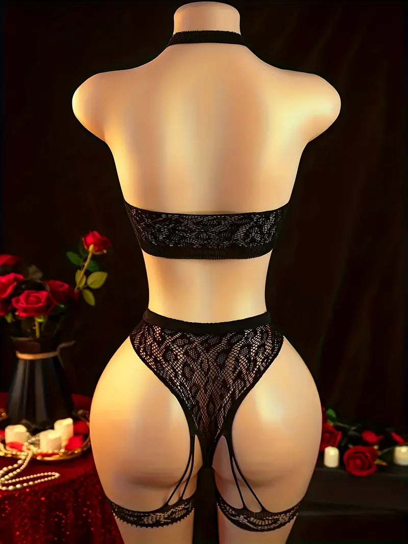 Sexy camisole low-cut bodysuit, slit mesh stocking set, black crotchless tight provocative bodysuit
