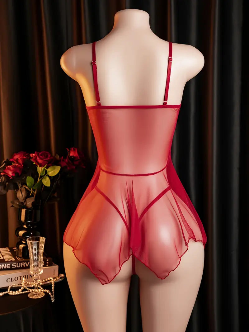 Sexy lace transparent temptation camisole nightgown, pure desire revealing chest seductive small breast dating hollowed chest pajamas set, passionate battle robe for the bed, bold sexy outfit exposing exotic alluring lingerie red doll dress.