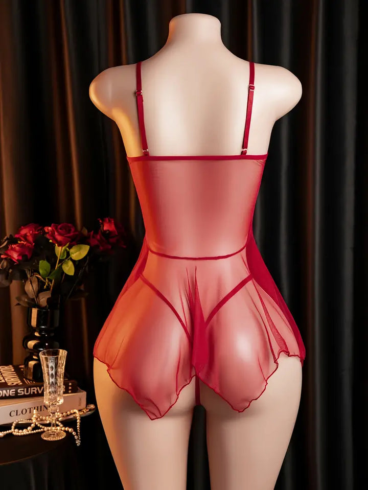 Sexy lace transparent temptation camisole nightgown, pure desire revealing chest seductive small breast dating hollowed chest pajamas set, passionate battle robe for the bed, bold sexy outfit exposing exotic alluring lingerie red doll dress.