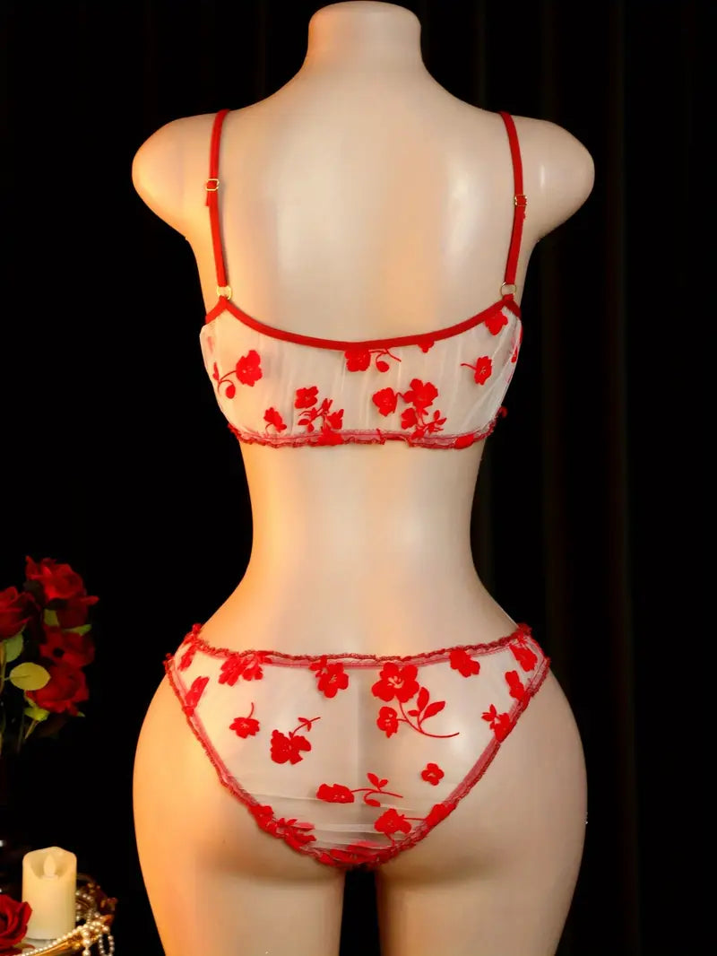 Erotic see-through lingerie set sexy suspender bra thong flower print pajamas chest see-through open gear free passion bra T-pants set new breast-baring bold erotic clothing underwear underwear (includes: underwear + panties)