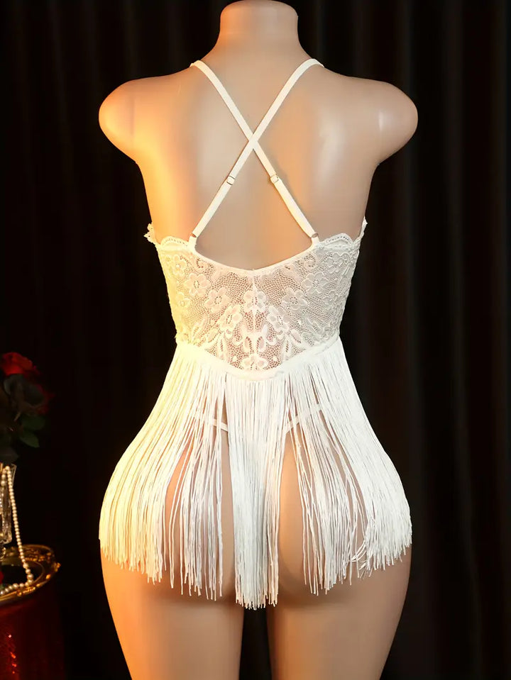Sexy and hot lace sheer temptation with tassels camisole dress, big back exposure nightgown, passionate bed outfit, revealing sexy doll dress, bold lingerie, exotic and enticing mesh underwear in white.