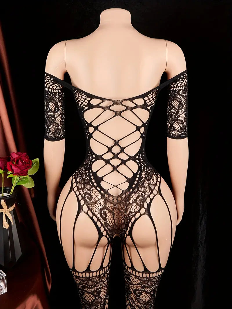 Cross pattern hollow one-piece mesh clothing sex stockings sexy one-line shoulder big hole fishnet one-piece open crotch mesh clothing stocking sex underwear