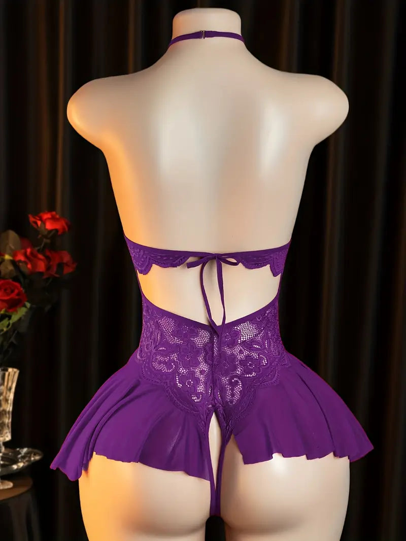 Sexy lace halter neck backless bodysuit with adjustable size and open-crotch design, featuring chest cut-out and sheer tight fit. New Valentine's Day style for passionate dates, daring lingerie outfit with exotic allure in purple.