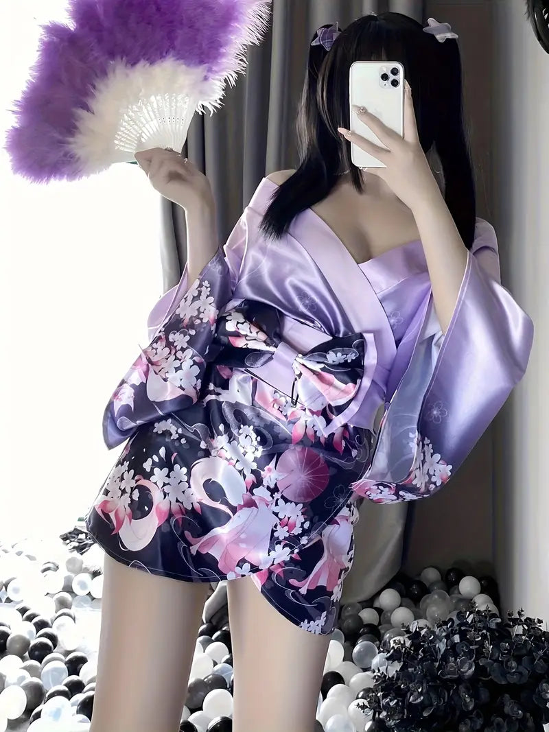 New Sexy Costume Set: Sensual Purple 'Fox Dream Among Flowers' Date Kimono Set, including Kimono + Waist Belt + Thong