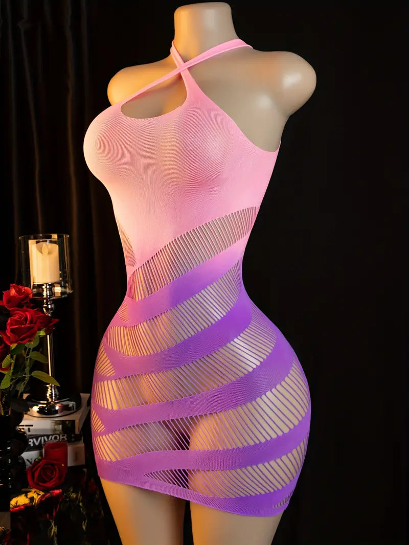 Sexy Bodystocking Lingerie Jumpsuit Sexy Hole Jacquard See-Through Mesh Dress Wrap Skirt Halter Dress Body Stockings Women Erotic Jumpsuit Body Stockings