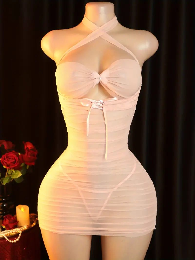 Sexy Dress Set Tempting See-through Neck Butterfly Hipster Mesh Skirt Ladies Erotic Costumes Sexy Dresses