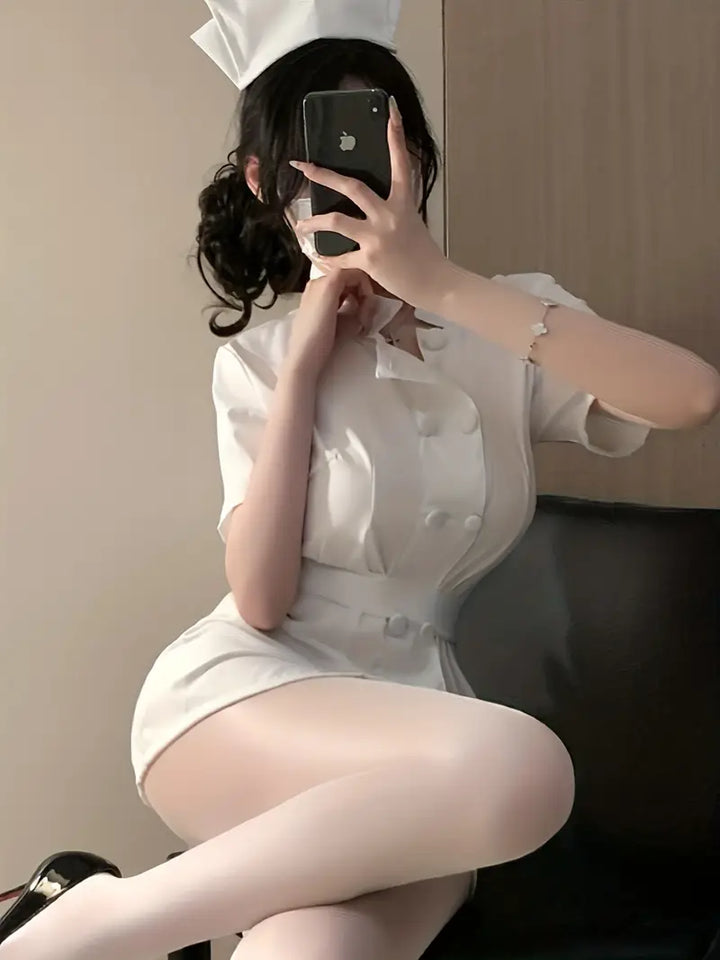 Sexuality Sexy Lingerie White Nurse Uniform Set Waist Wrap Hip Dress See-through Temptation Pajamas Cosplay Passion Set Stripless Bold Erotic Costume Tone Seductive Underwear Panties Pure Lust Style (Including: Dress + Hat + T-Pants + Belt)