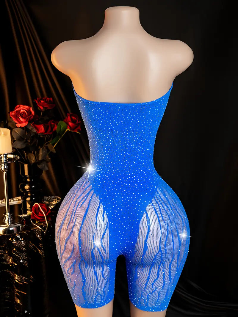 Plus size erotic underwear, bandeau sleeveless hot drill big hole fishnet net, sexy chest cutout jumpsuit, chest-baring see-through sleeveless large mesh tights, bold sexy lingerie blue
