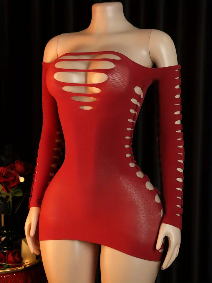 Sexy Women's Lingerie 1PC-Sexy Black One-Shoulder Mesh Chestless Long Sleeve Dress