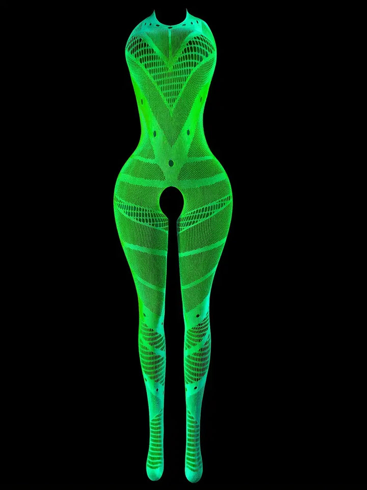 Sexy one-piece suit, luminous green open-crotch bodysuit that glows in the dark