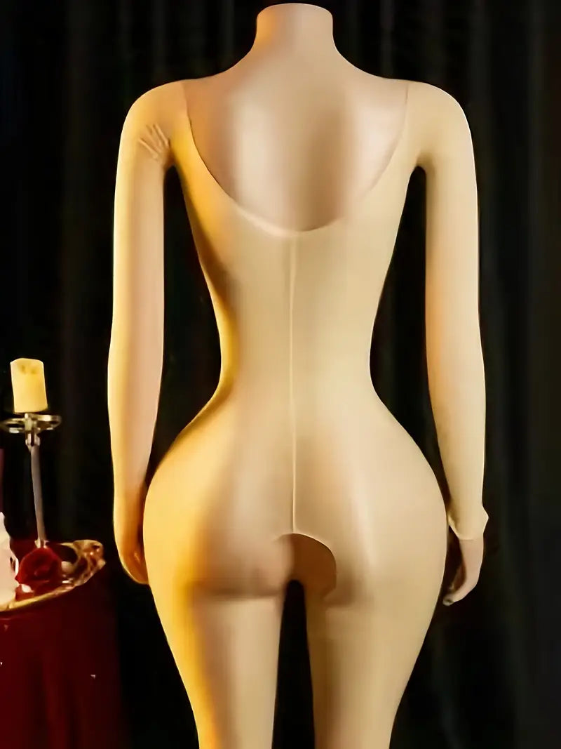 New sexy glossy open-crotch bodysuit, hollow-out V-neck long-sleeve fitted sheer skin-tone fishnet base, bandeau-style one-piece stockings