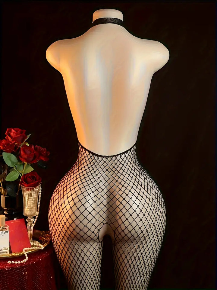 Plus size erotic underwear, strappy halterneck leaky chest open crotch one-piece mesh, sexy suspender fishnet one-piece suit, cut-out see-through sleeveless mesh tights, women's black sexy lingerie