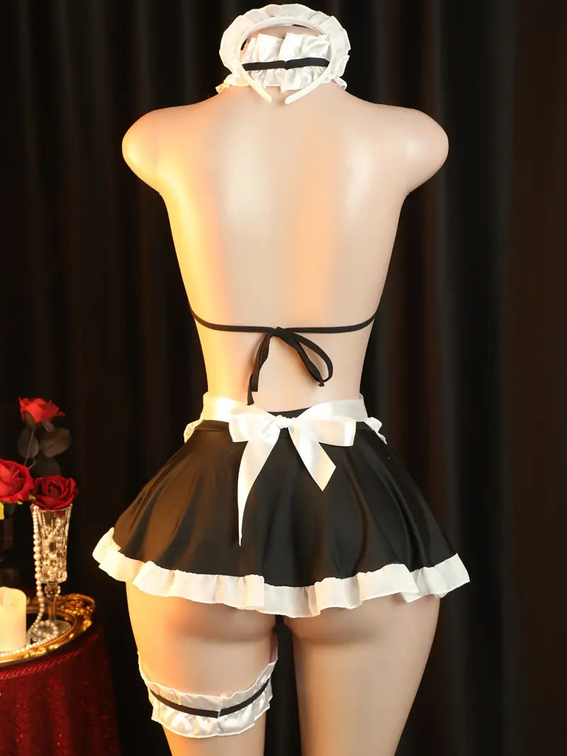 Sexy lingerie maid outfit with ties, sheer uniform for temptation, cute sleepwear role play passionate set, open-crotch, bold erotic clothing, revealing exotic tempting lingerie.