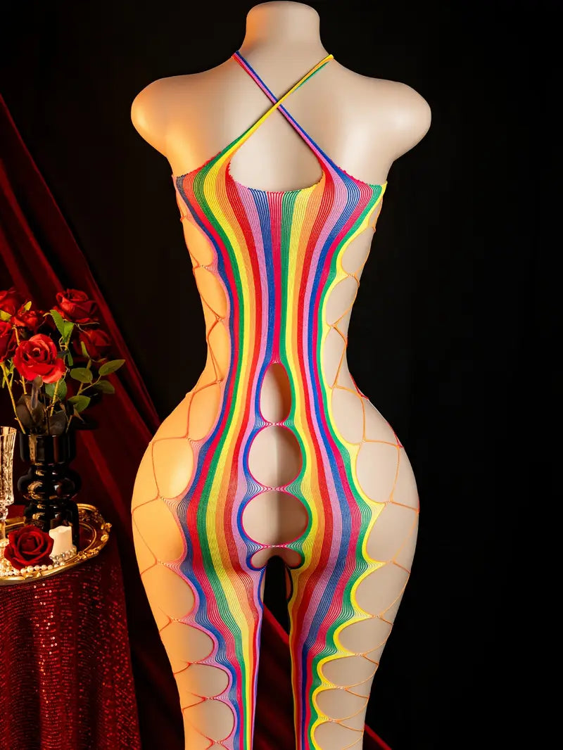 Sexy rainbow multicolor side-cutout teddy bodysuit