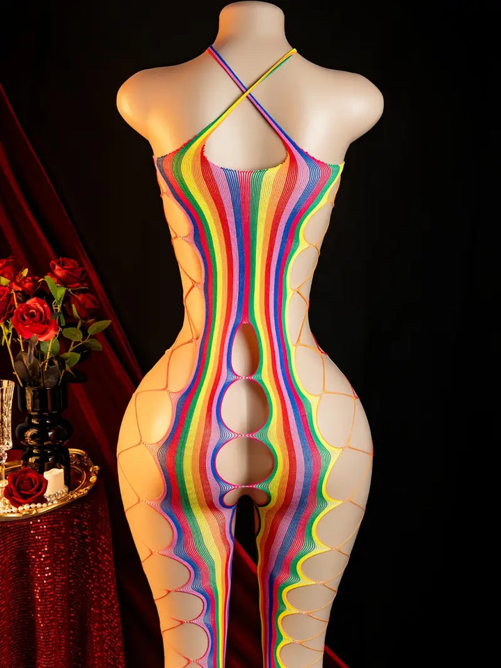 Sexy rainbow multicolor side-cutout teddy bodysuit