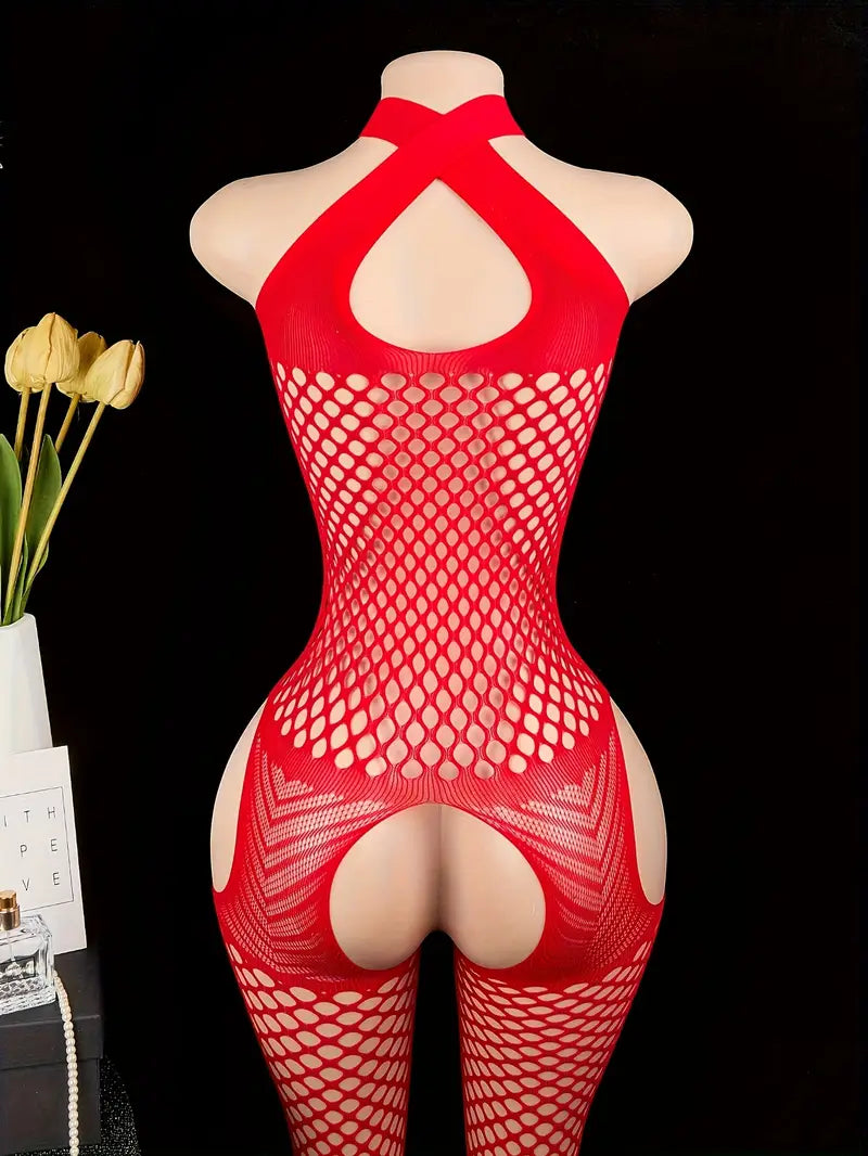 Red open halterneck big hole one-piece mesh suit, sexy suspender fish net tights, openwork see-through sleeveless mesh jumpsuit, women's sexy underwear and panties