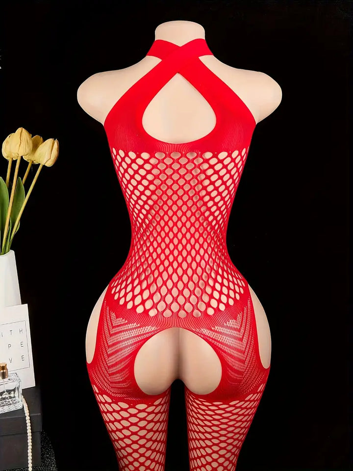 Red open halterneck big hole one-piece mesh suit, sexy suspender fish net tights, openwork see-through sleeveless mesh jumpsuit, women's sexy underwear and panties