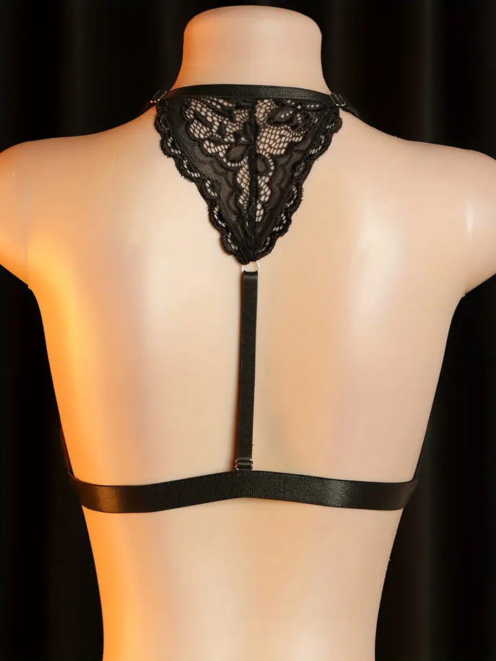 Sexy sheer lingerie set with halter lace trim bra, front clasp, no need to remove, erotic lingerie, Valentine's Day new style, hollow-out chest, bold lingerie apparel, revealing exotic and alluring black bra