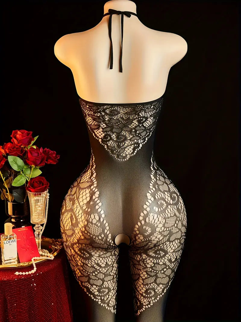 Lingerie with a halter neck and open-crotch design, no removal lace-up fishnet stockings, seductive teasing black silk bodysuit, new sexy one-piece for Valentine's Day, showing off the chest tightly fitted.