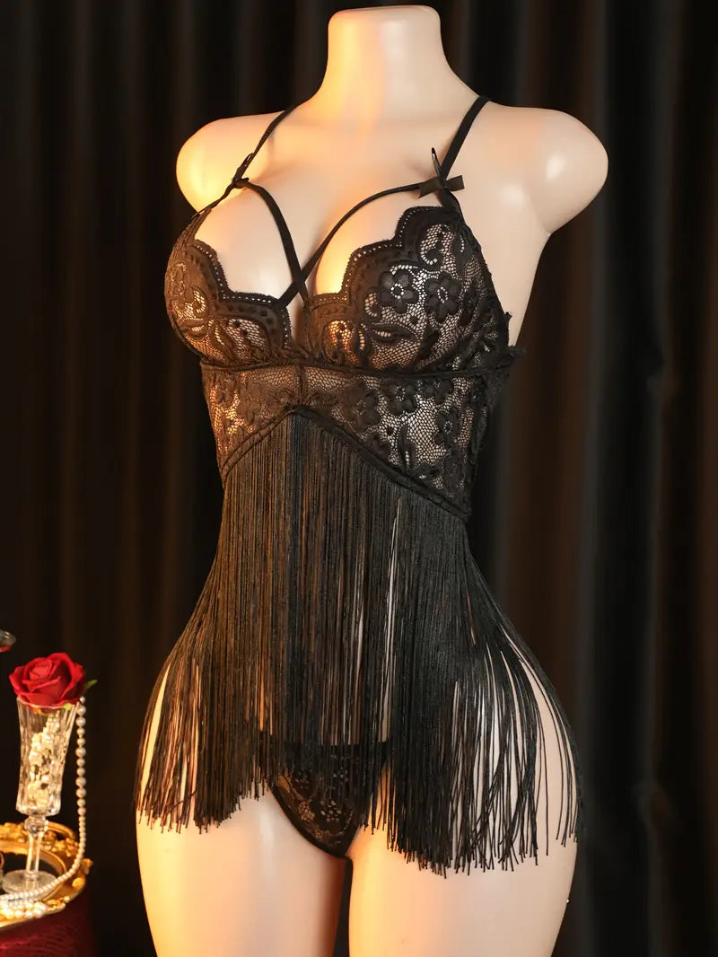 Sexy Dress Set Lace Printed Fringed Nightgown Set Ladies Erotic Costume Sexy Pajamas, Nightgown Set