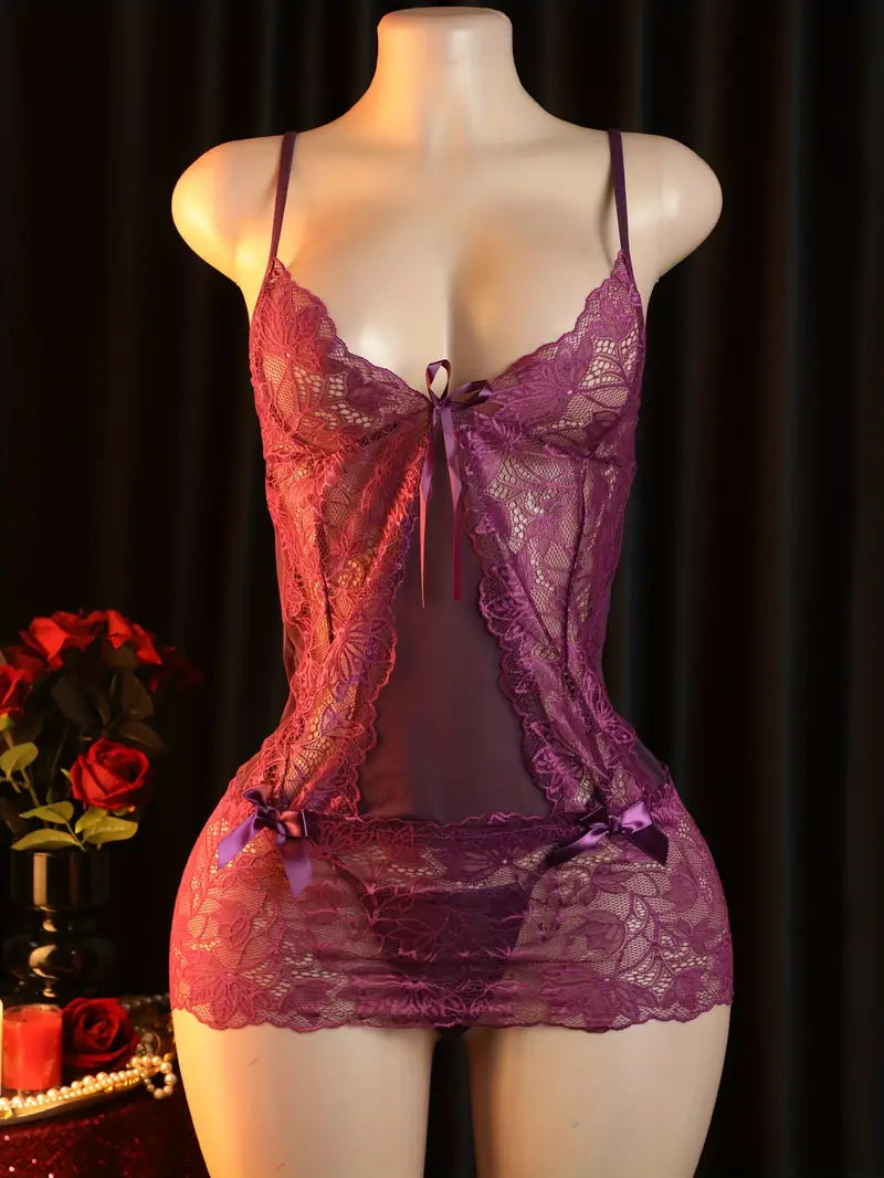 Sexy Dress Set Lace Printed See-Through Halter Skirt Ladies Erotic Costume Sexy Pajamas, Nightgown Set