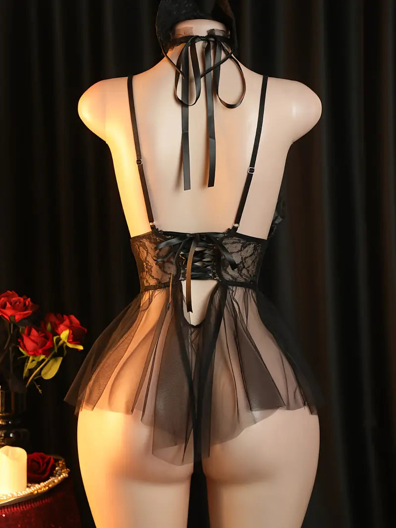 New sexy dress lingerie, black mesh see-through, hot and alluring, date-ready one-piece dress set