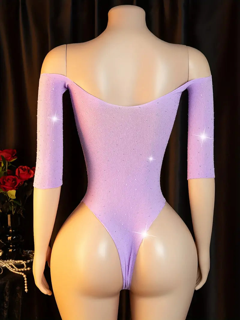 Sexy bodysuit, purple sparkling, adorned with a cute bow, off-shoulder design