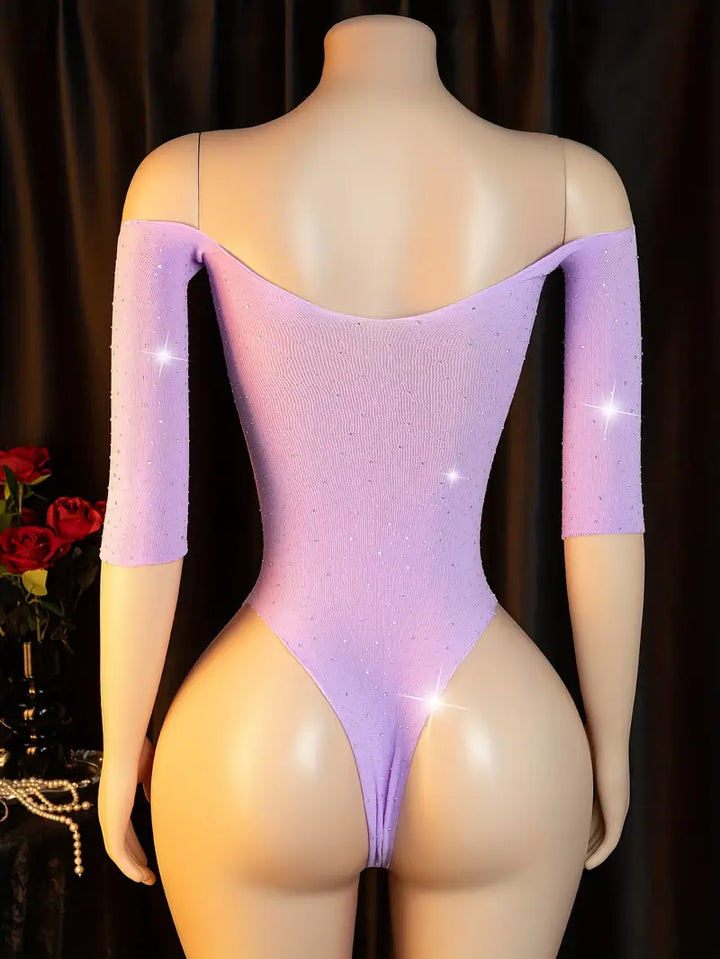 Sexy bodysuit, purple sparkling, adorned with a cute bow, off-shoulder design
