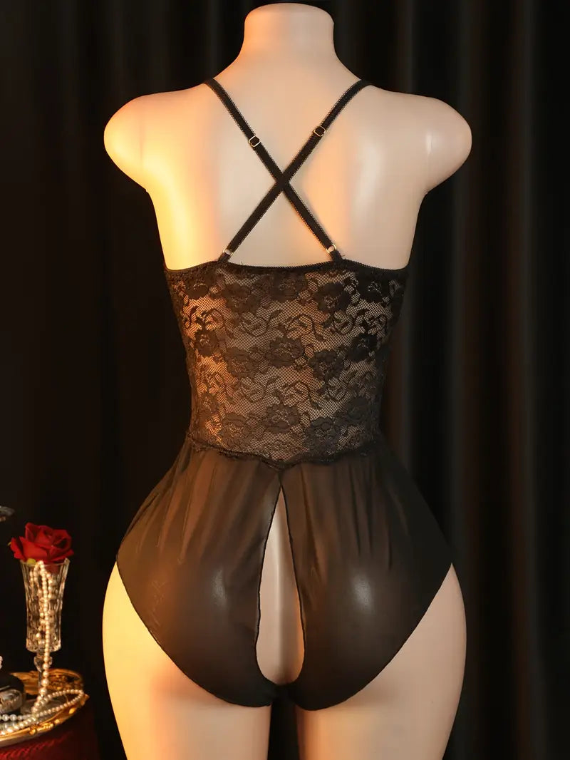 Sexy and hot lace rose bodysuit, black sheer camisole nightgown with an open crotch, temptation without removal, shameful bed dates, passionate new combat uniform, bold lingerie, exposing exotic and enticing underwear.