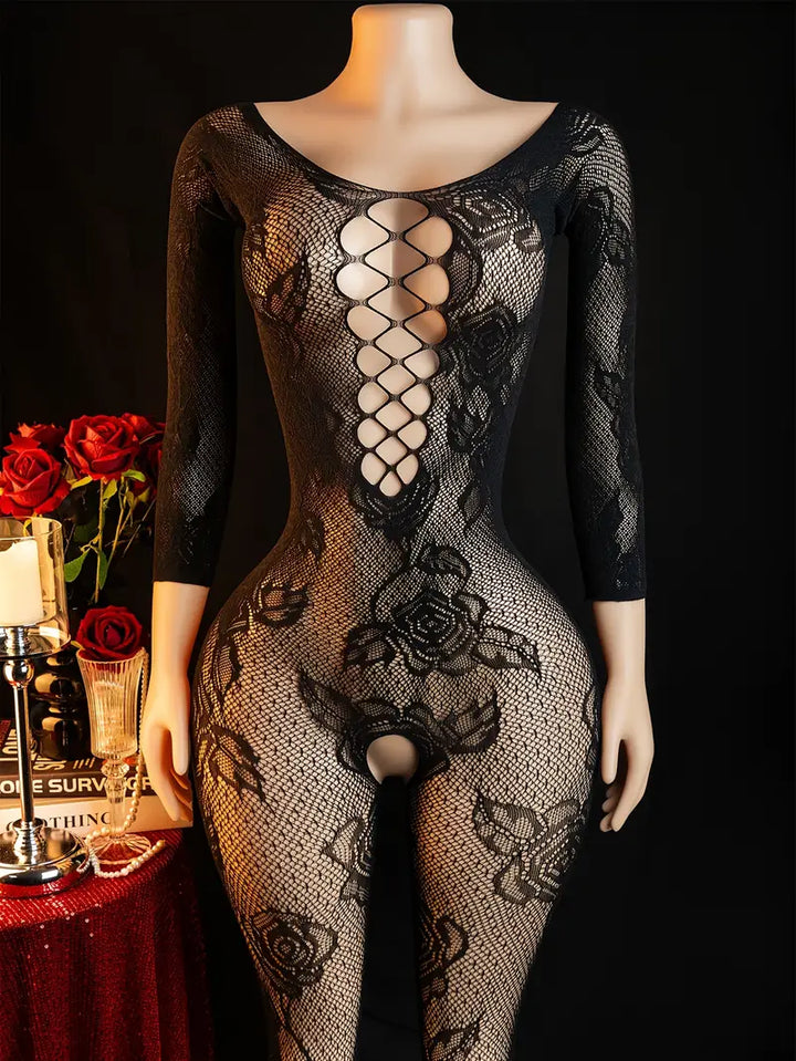 Sexy Bodystocking Fishnet Seduction Open Gear Flower Print Mesh Clothes Body Stockings Women'S Erotic Clothing Bodysuit Body Stockings