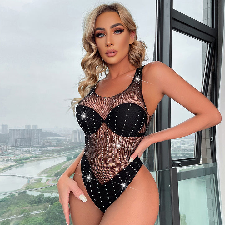 Adsexy Rhinestone Studded Fishnet Teddy Bodysuit