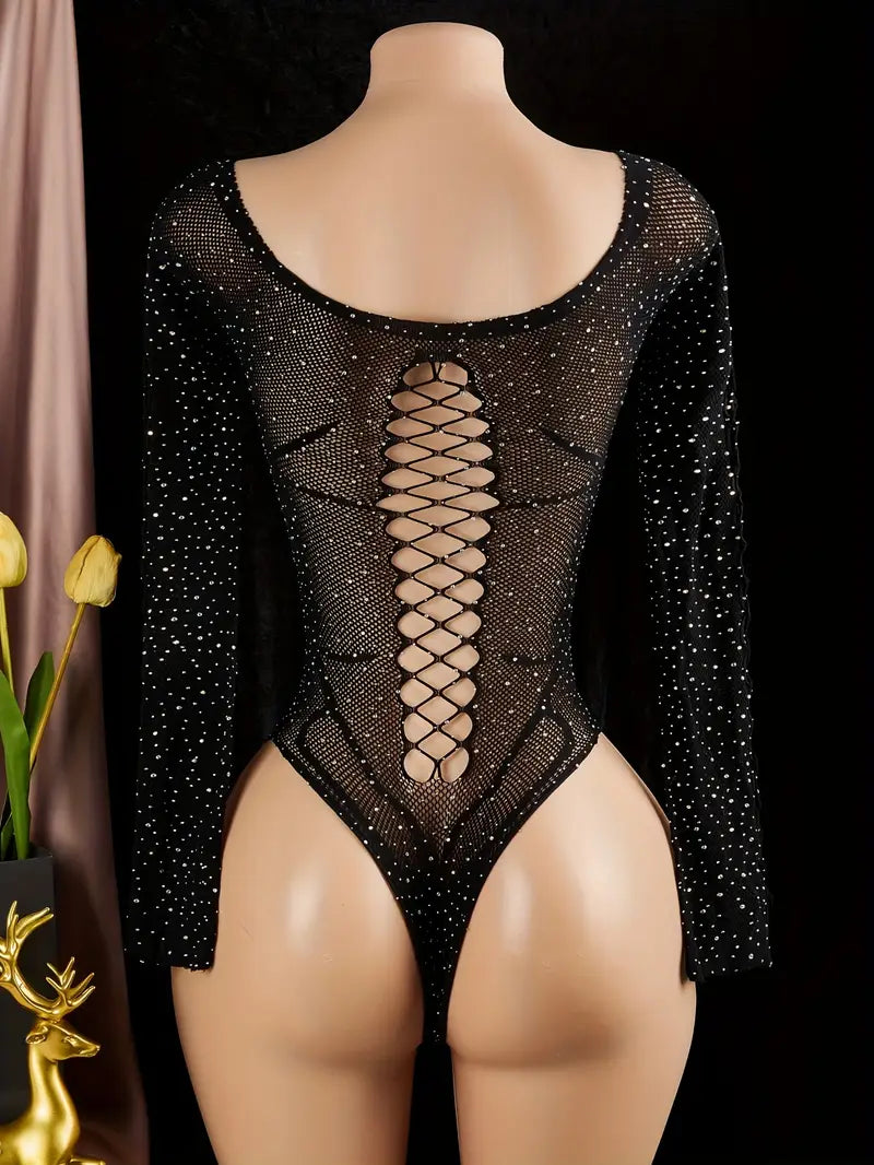 Plus size erotic lingerie, bandeau spider shiny hot diamond one-piece mesh suit, sexy loophole fishnet bodysuit, cut-out see-through one-shoulder large mesh tights, women's sexy lingerie, Valentine's Day new, black