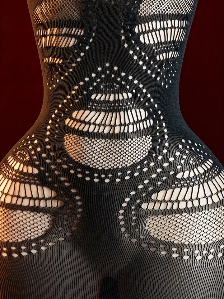 Sexy Dress: Black Hollow-Out Design, Sheer, High Elasticity Dress