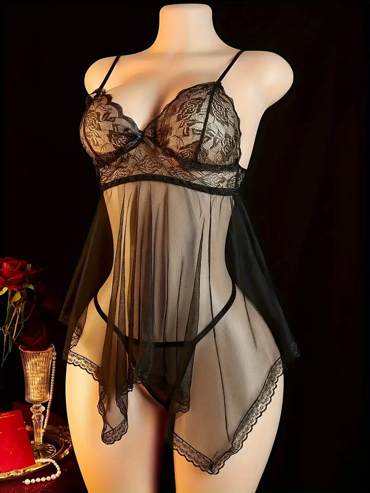 Sexy Lingerie Black Sheer Mesh Temptation Camisole Dress Set Includes Dress + Thong