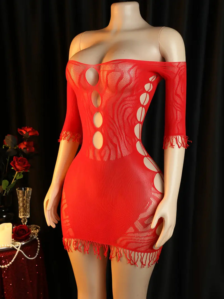 Lingerie: Sexy red tassel lace side cut-out off-shoulder dress