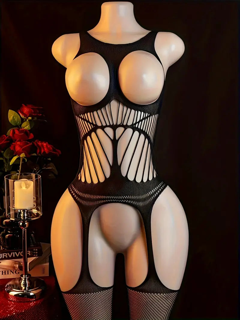 Plus-size erotic underwear, crotch halterneck black breast-baring see-through mesh suit, sexy big loophole fishnet jumpsuit, hollow sleeveless large mesh tights, bold exotic seductive underwear