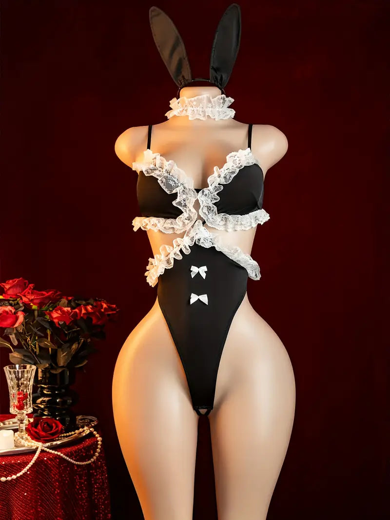 Erotic Lingerie New Sexy See-Through Pure Desire Bunny Maid Outfit Lace Bodysuit Uniform Seduction Suit Dating Battle Robe Breastless Dress Bed Stripless Passion Pajamas Pure Tights Suit Bold Erotic Outfit Revealing Seductive Lingerie