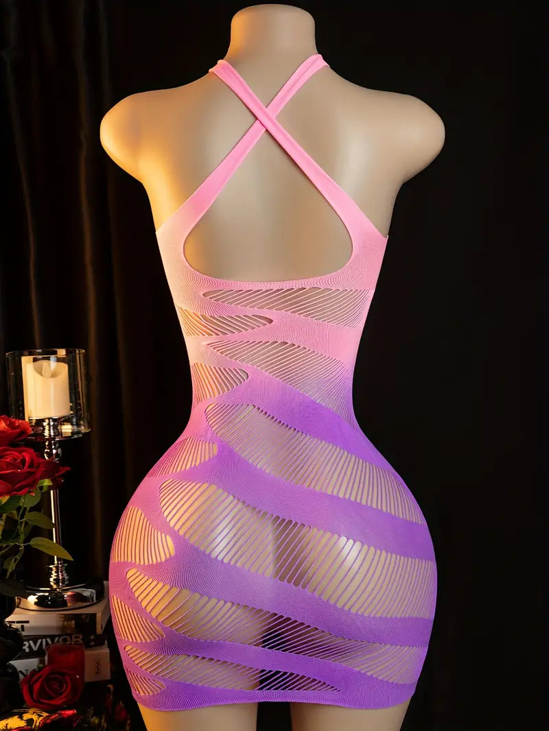 Sexy Bodystocking Lingerie Jumpsuit Sexy Hole Jacquard See-Through Mesh Dress Wrap Skirt Halter Dress Body Stockings Women Erotic Jumpsuit Body Stockings