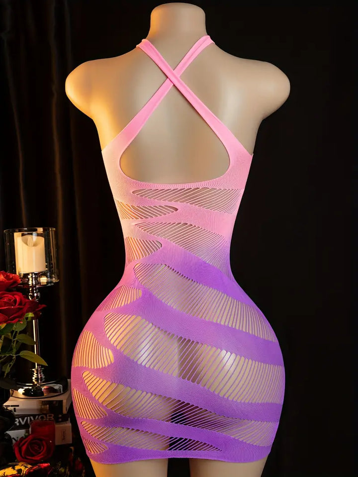Sexy Bodystocking Lingerie Jumpsuit Sexy Hole Jacquard See-Through Mesh Dress Wrap Skirt Halter Dress Body Stockings Women Erotic Jumpsuit Body Stockings