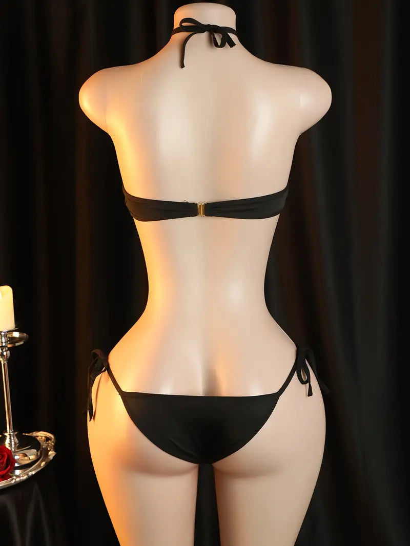 Sexy one-piece lingerie, black hollow-out halter neck tie-up bodysuit