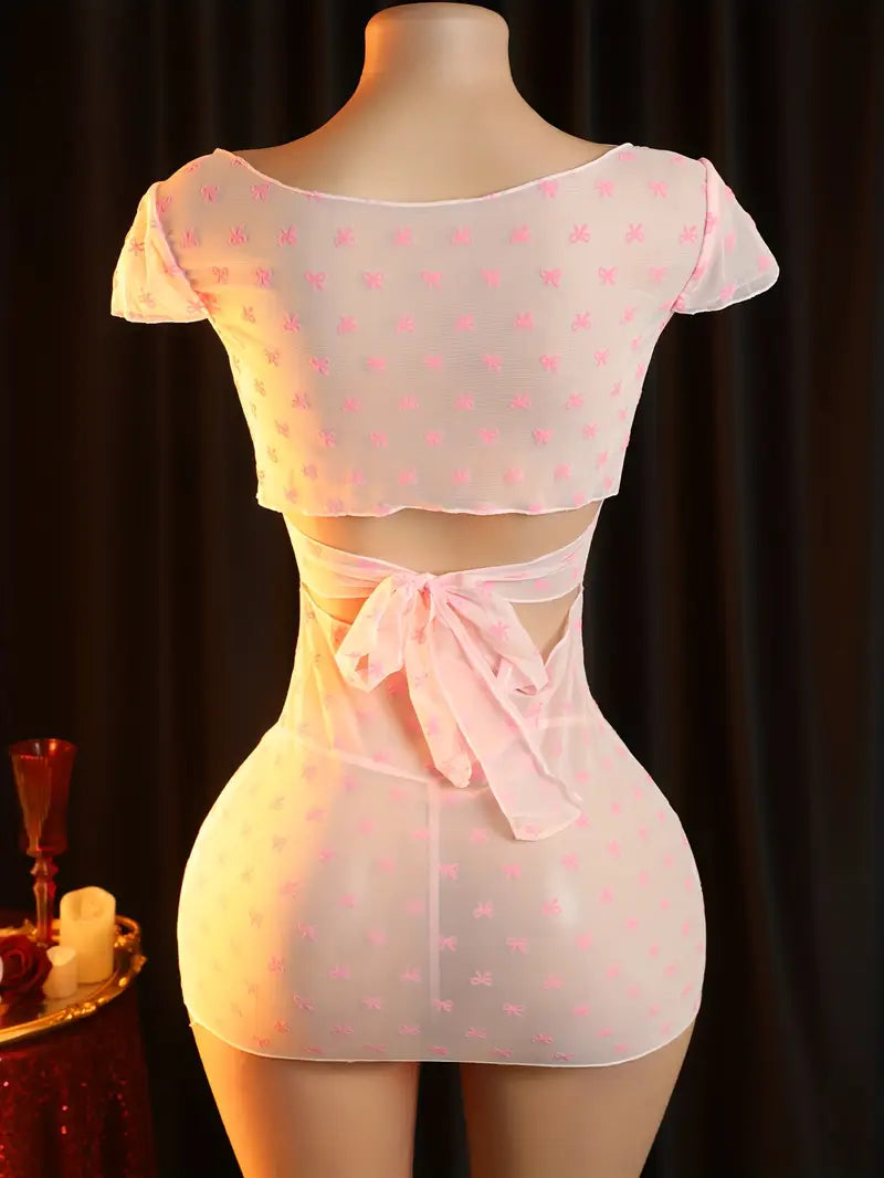 Sexy Dress 2 Piece Set Lingerie Seductive See-through Bow Printed Dress Nightgown Set Skirt Women Erotic Lingerie Women Erotic Costumes Erotic Dresses