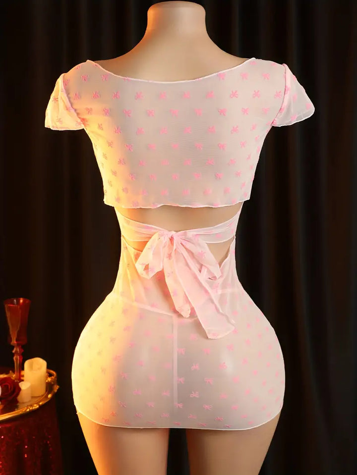 Sexy Dress 2 Piece Set Lingerie Seductive See-through Bow Printed Dress Nightgown Set Skirt Women Erotic Lingerie Women Erotic Costumes Erotic Dresses