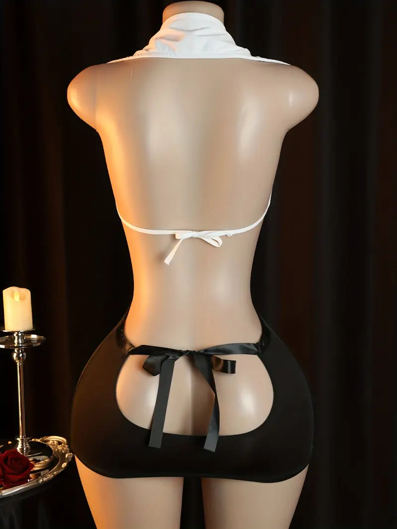 New sexy sheer lingerie set, featuring a hollowed-out bust, body-hugging skirt, seductive uniform temptation, romantic evening wear, revealing dress, easily removable sleepwear, pure uniform set, bold erotic clothing with exotic allure.