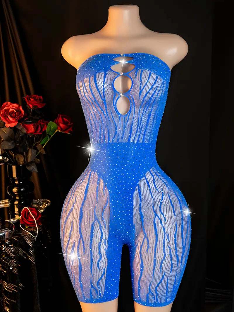 Plus size erotic underwear, bandeau sleeveless hot drill big hole fishnet net, sexy chest cutout jumpsuit, chest-baring see-through sleeveless large mesh tights, bold sexy lingerie blue
