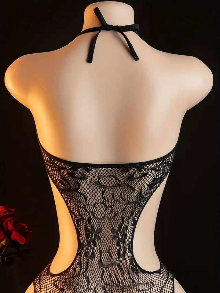 Sexy black jacquard patterned hollow circle halter neck bodysuit