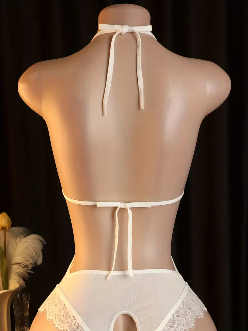Sexy one-piece lingerie, Valentine's Day special, white lace, purely seductive see-through bodysuit