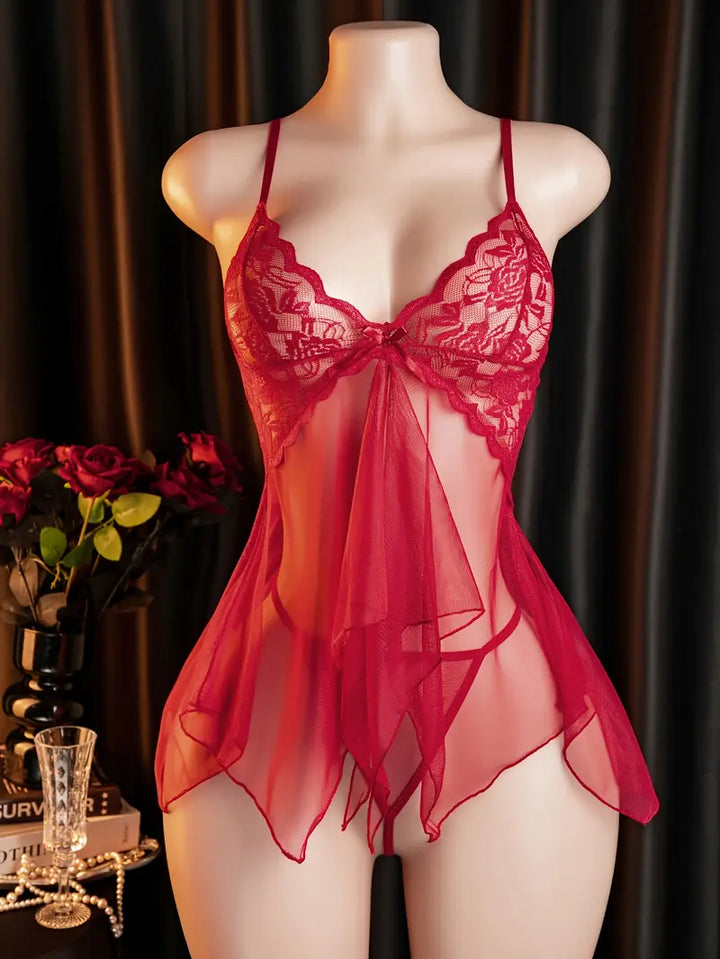 Sexy lace transparent temptation camisole nightgown, pure desire revealing chest seductive small breast dating hollowed chest pajamas set, passionate battle robe for the bed, bold sexy outfit exposing exotic alluring lingerie red doll dress.