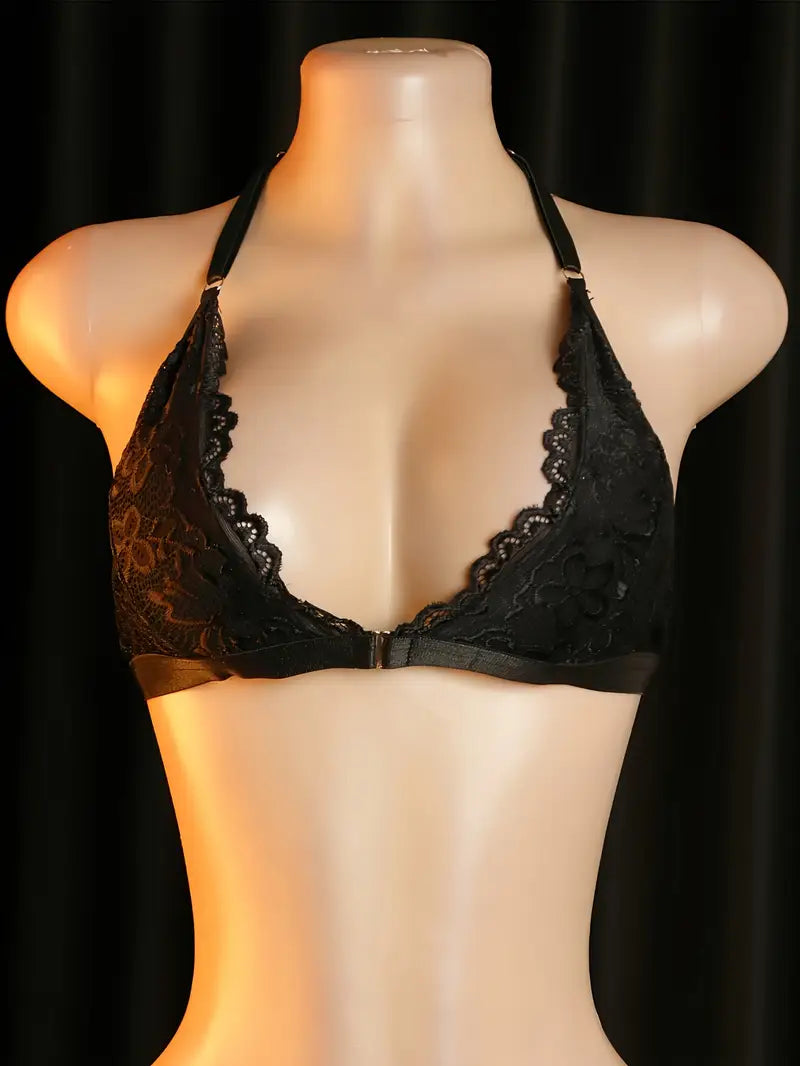 Sexy sheer lingerie set with halter lace trim bra, front clasp, no need to remove, erotic lingerie, Valentine's Day new style, hollow-out chest, bold lingerie apparel, revealing exotic and alluring black bra