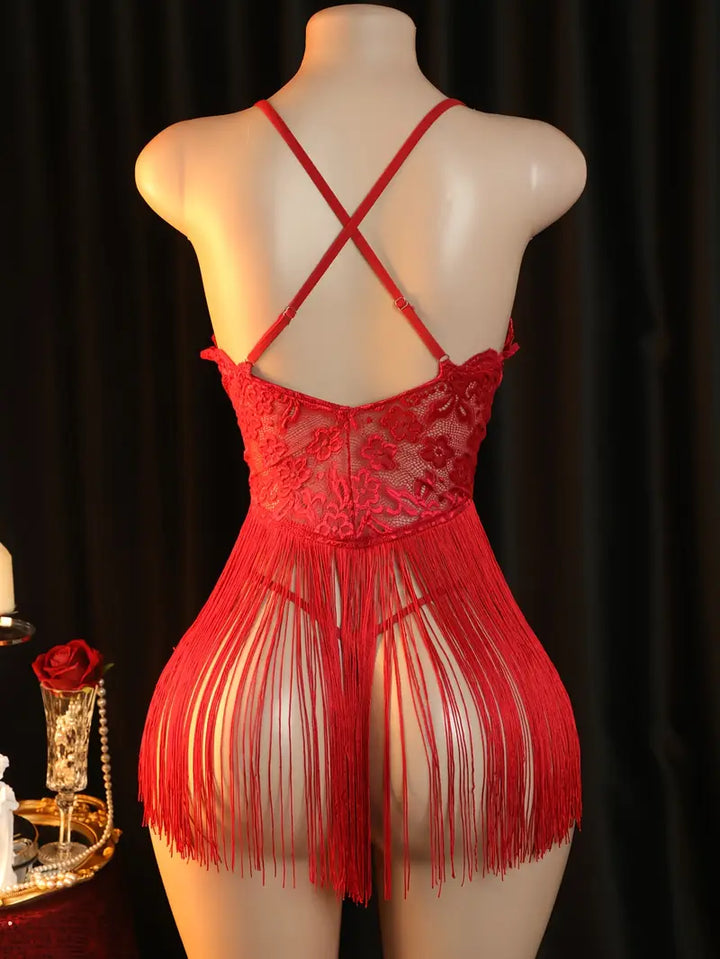Sexy Dress Set Lace Printed Fringed Nightgown Set Ladies Erotic Costume Sexy Pajamas, Nightgown Set